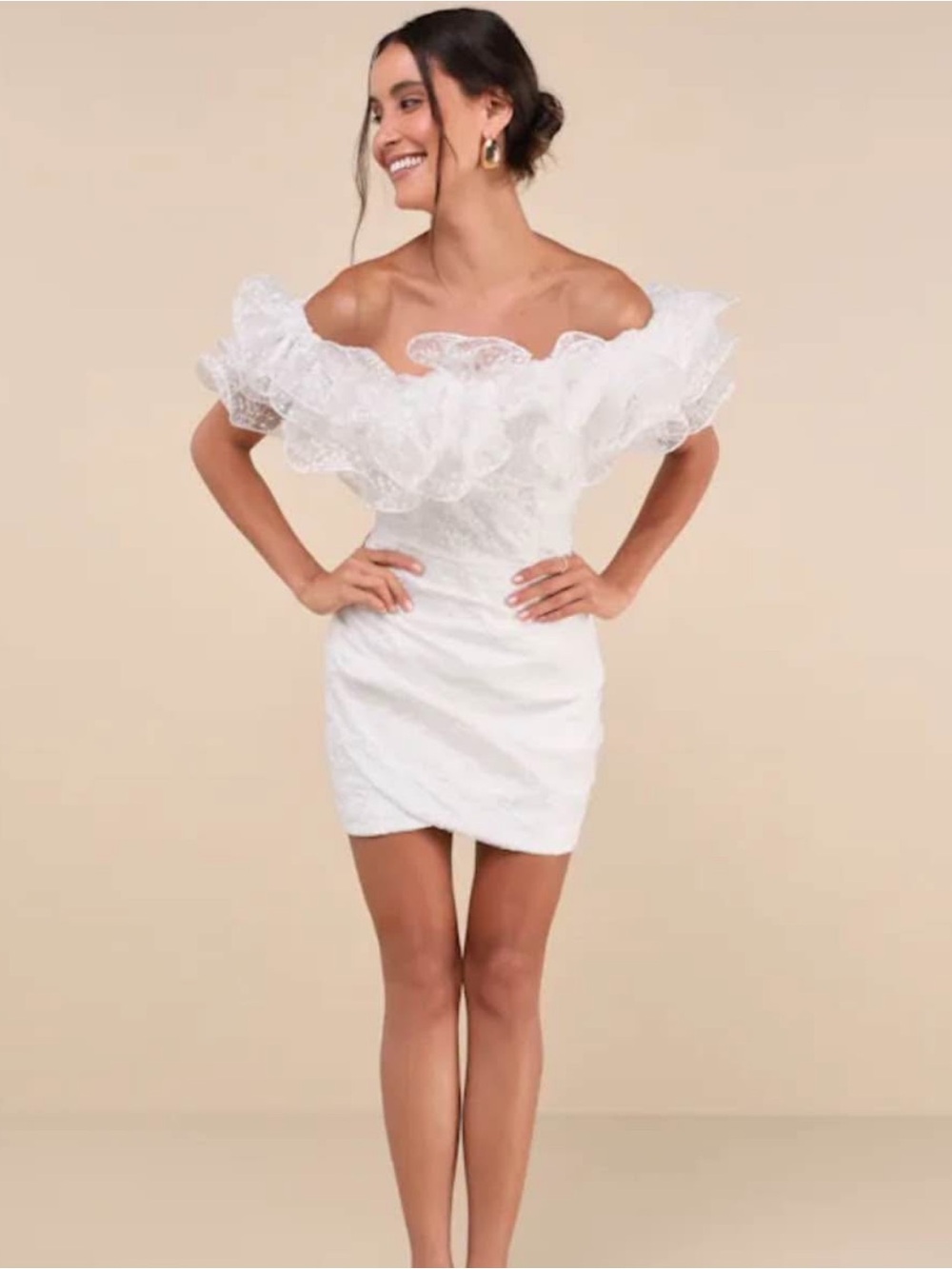 Lulu's White Strapless Ruffle Lace Mini Dress